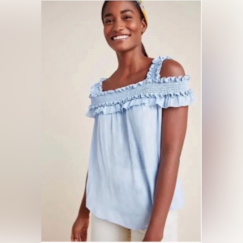 Anthropologie Women's Light Blue Ruffle Off-Shoulder Top size Small
